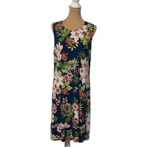 J. Jill Tank Dress Knit Stretch Blue Seaside Tropical Midi Summer Floral Large